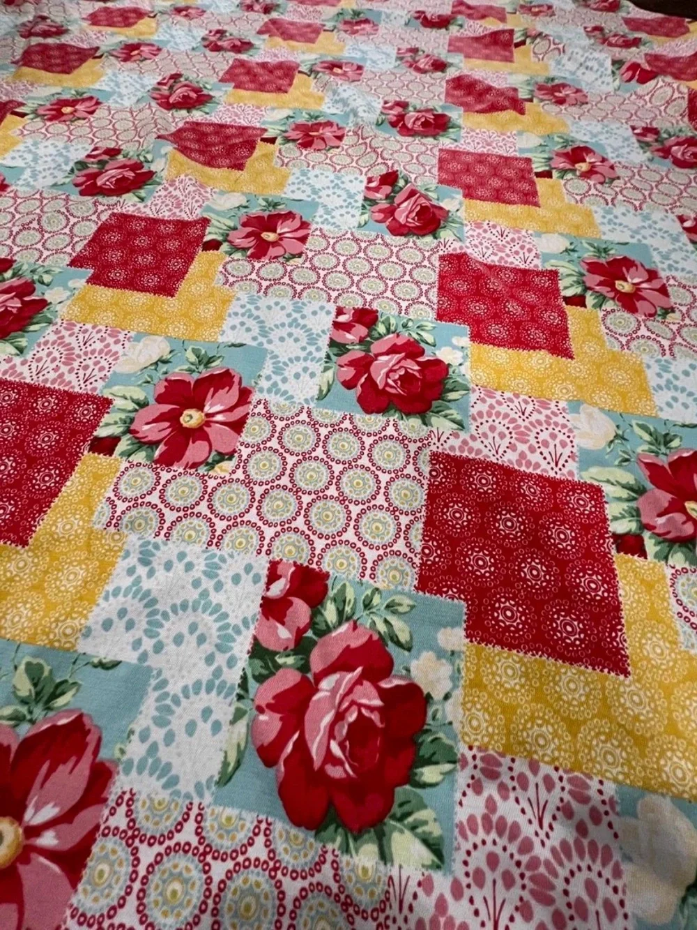 Floral Patchwork Round Tablecloth in Red, Yellow & Aqua